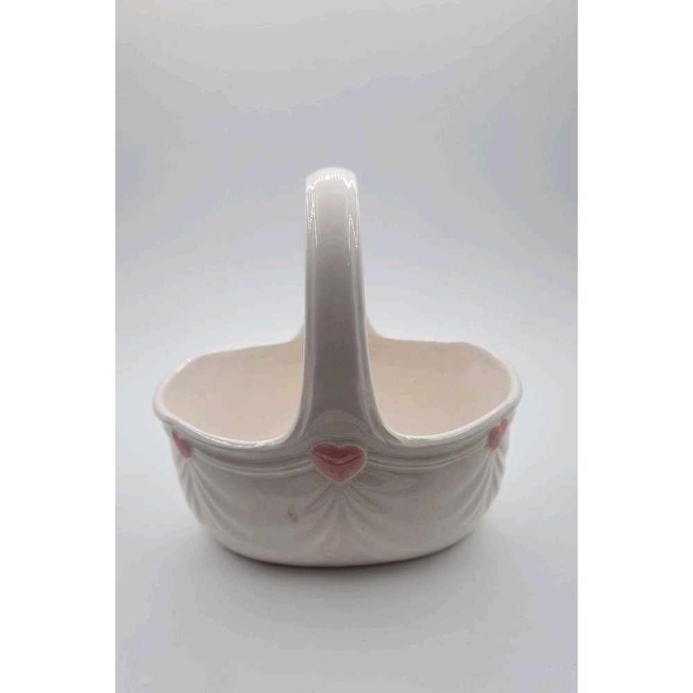 Japan 1985 VTG FTDA Ceramic Basket W/ Heart Motif Pottery Planter With Handle 7"